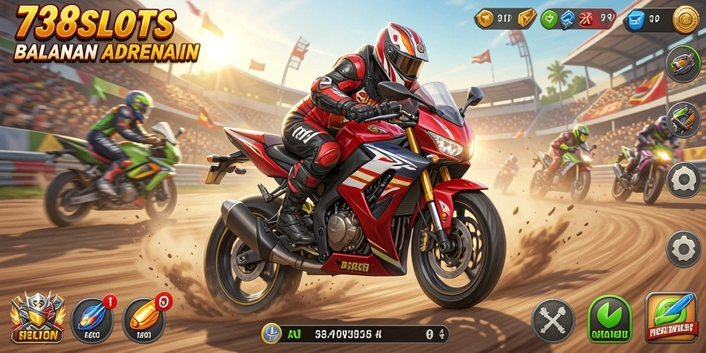 Tampilan gameplay seru dari 738SLOTS dengan balapan motor yang mendebarkan.