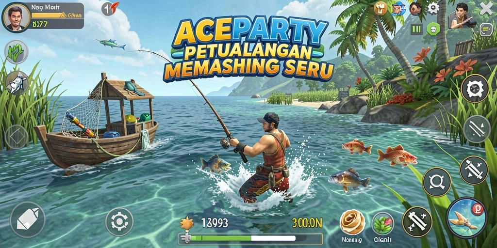 Screenshot gameplay <strong>ACEPARTY</strong> menampilkan aksi memancing yang mendebarkan.