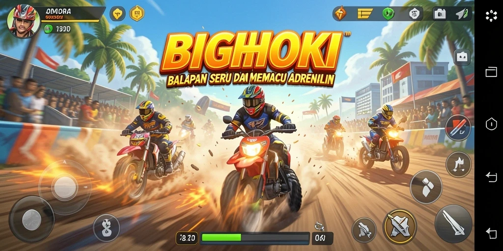 Tampilan gameplay seru BIGHOKI dengan mobil balap di lintasan.