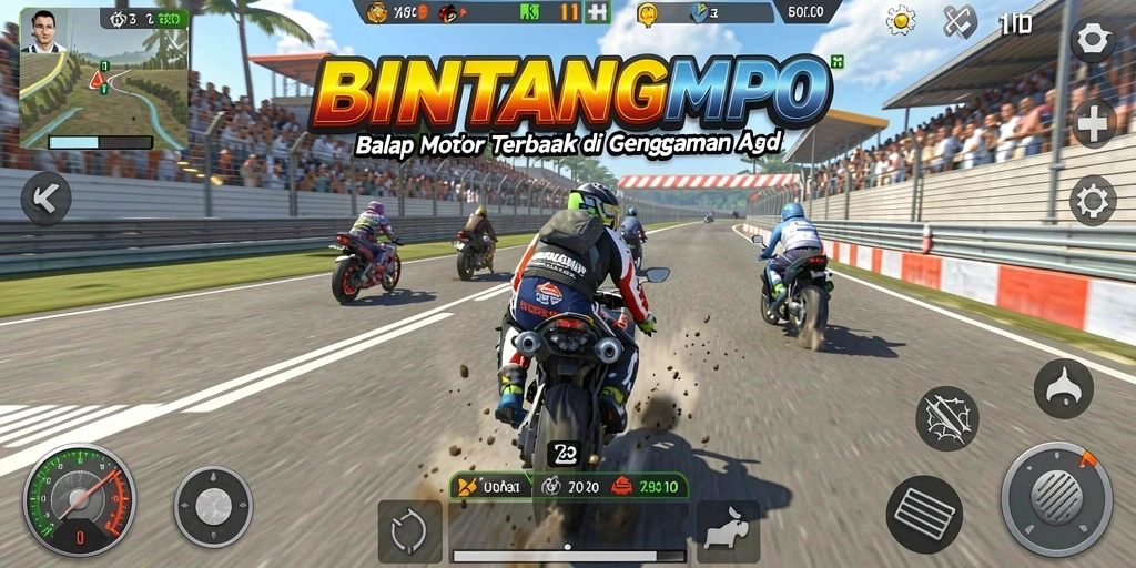 Screenshot gameplay <strong>BINTANGMPO</strong> menampilkan balapan motor yang mendebarkan.