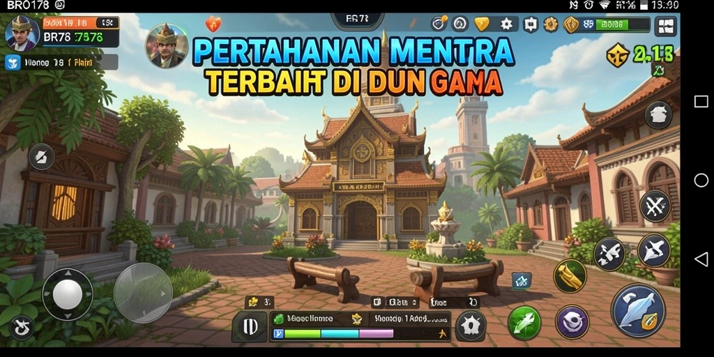 Screenshot gameplay BRO178 dengan menara pertahanan aktif.
