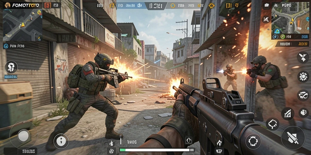 Screenshot FOMOTOTO menunjukkan aksi menembak yang mendebarkan dalam game FPS.