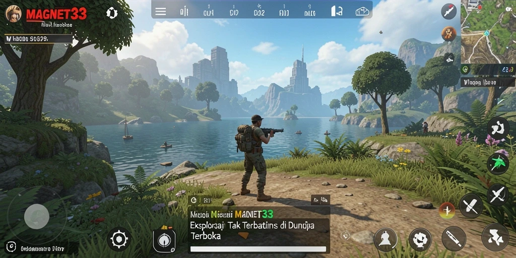 Screenshot gameplay <strong>MAGNET33</strong> yang menunjukkan eksplorasi dunia terbuka.