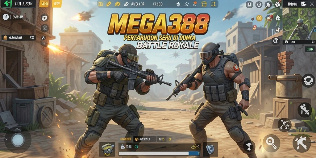 Tangkapan layar gameplay <strong>MEGA388</strong> menunjukkan aksi pertarungan Battle Royale yang mendebarkan.