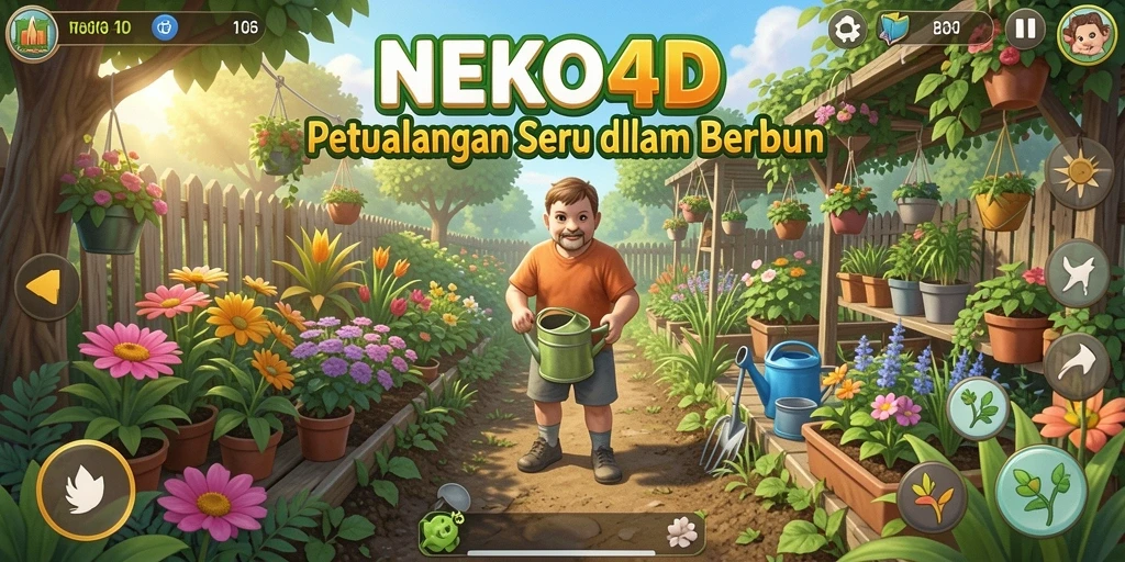 Tampilan gameplay NEKO4D dengan kucing lucu dan kebun yang indah.