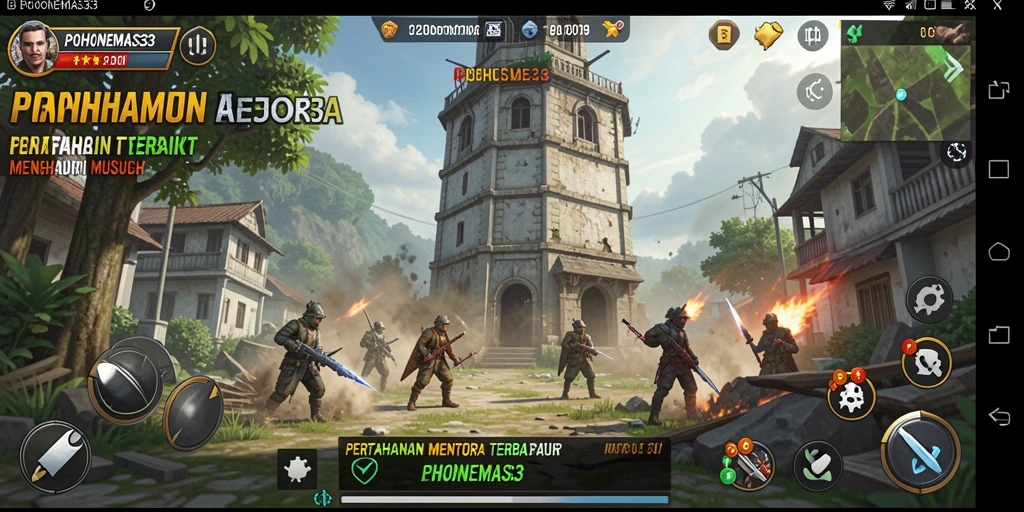 Gameplay menegangkan dalam POHONEMAS33 dengan berbagai menara pertahanan.